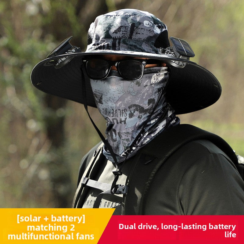 Solar Powered Cooling Fan Fishing Hat with Wide Brim