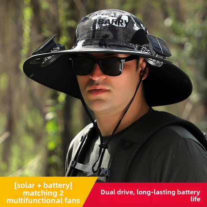 Solar Powered Cooling Fan Fishing Hat with Wide Brim