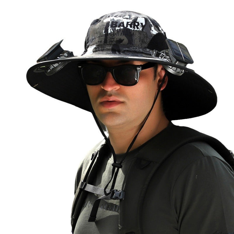 Solar Powered Cooling Fan Fishing Hat with Wide Brim