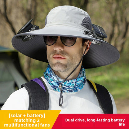 Solar Powered Cooling Fan Fishing Hat with Wide Brim