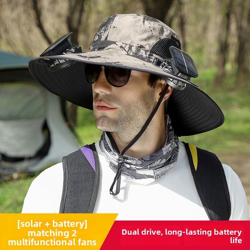 Solar Powered Cooling Fan Fishing Hat with Wide Brim