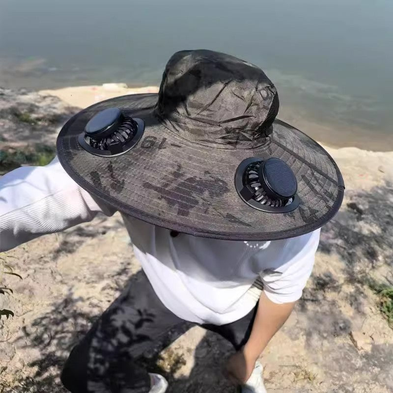 Solar Powered Fan Hat with Large Brim for Outdoor Sun Protection