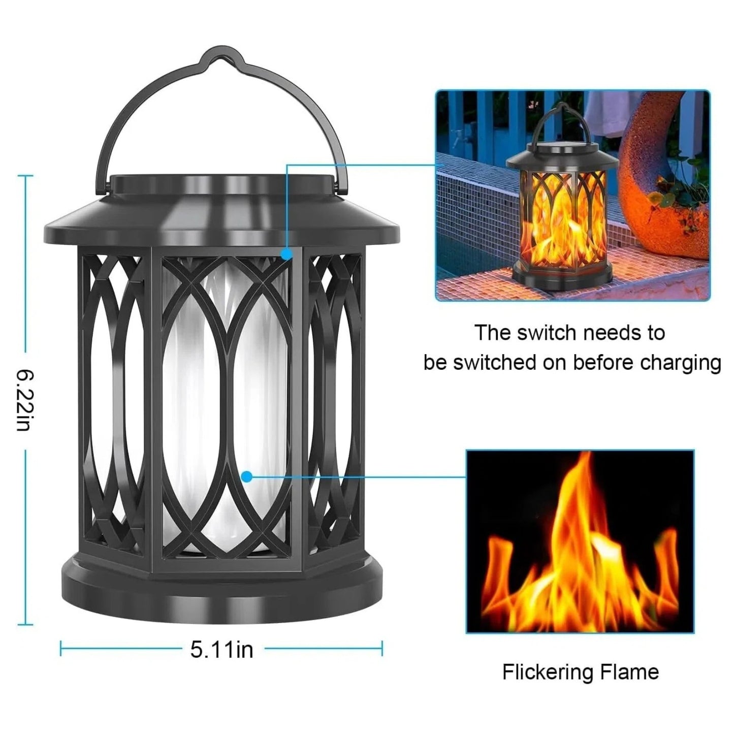 Solar Powered Flame Effect Garden Lantern with Clip