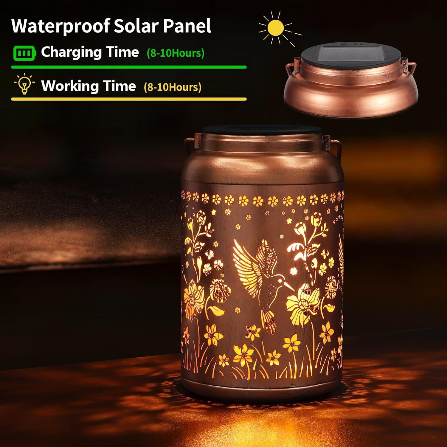 Solar Powered Outdoor Hummingbird Iron Lantern