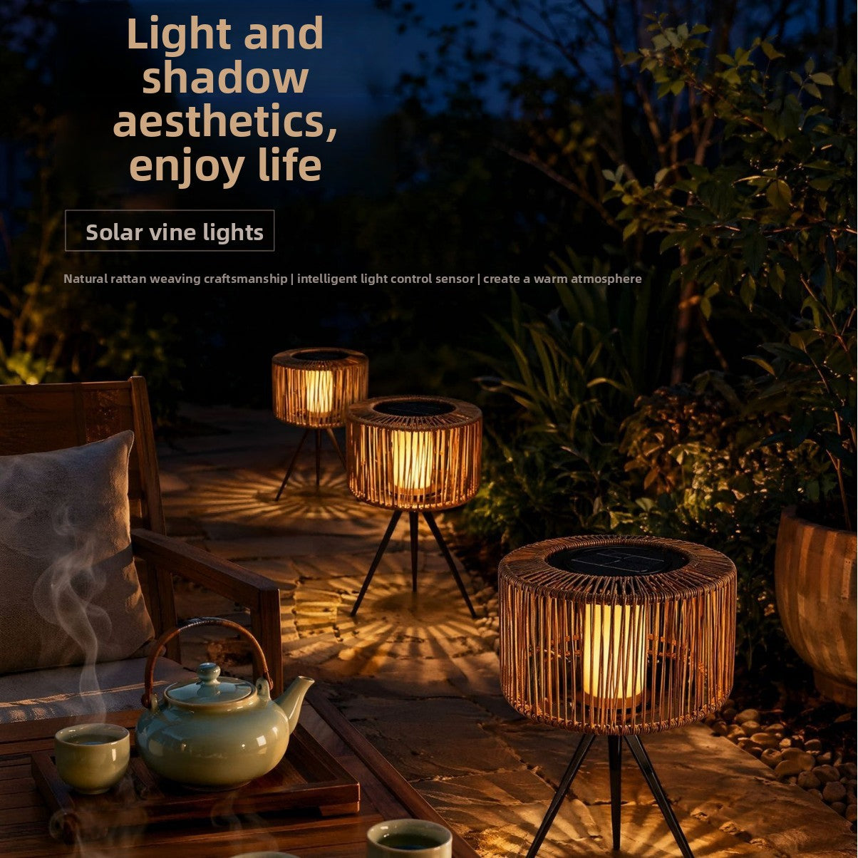 Solar Powered Outdoor Woven Rattan Floor Light