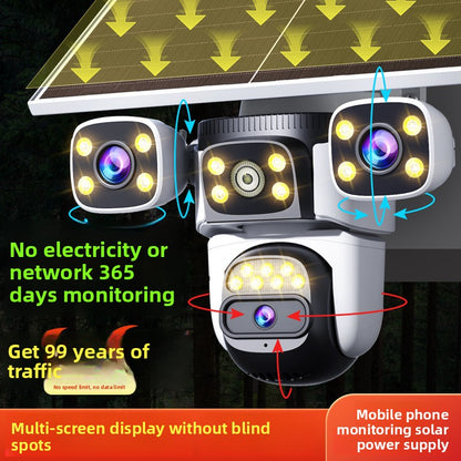 Solar-powered surveillance triple-view camera