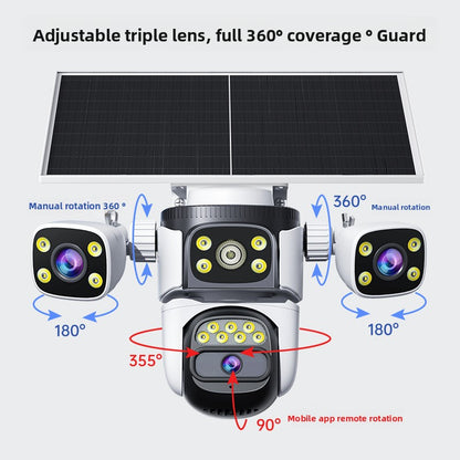 Solar-powered surveillance triple-view camera