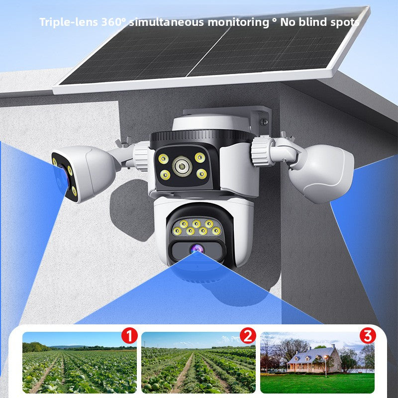 Solar-powered surveillance triple-view camera