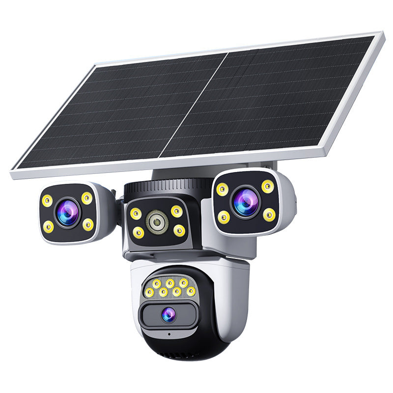 Solar-powered surveillance triple-view camera
