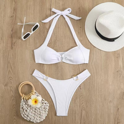 Solid Color Backless Bikini Swimsuit