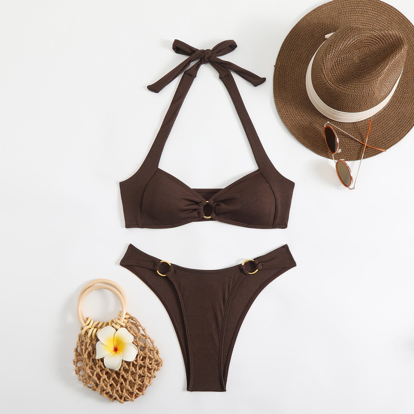 Solid Color Backless Bikini Swimsuit