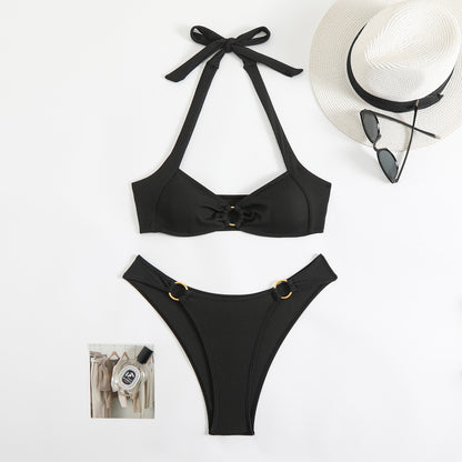 Solid Color Backless Bikini Swimsuit