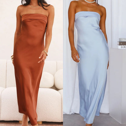 Solid-color backless satin dress