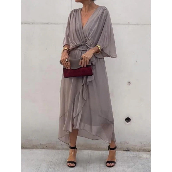 Solid Color Batwing Sleeve Irregular Dress