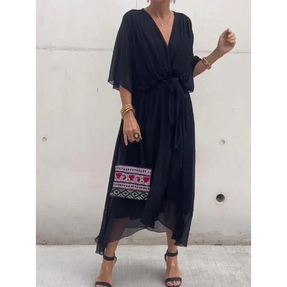 Solid Color Batwing Sleeve Irregular Dress