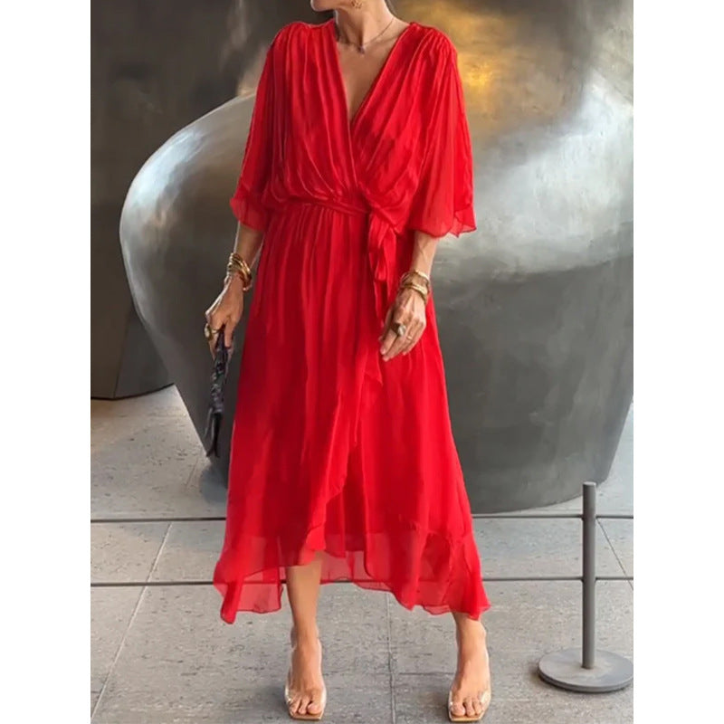 Solid Color Batwing Sleeve Irregular Dress