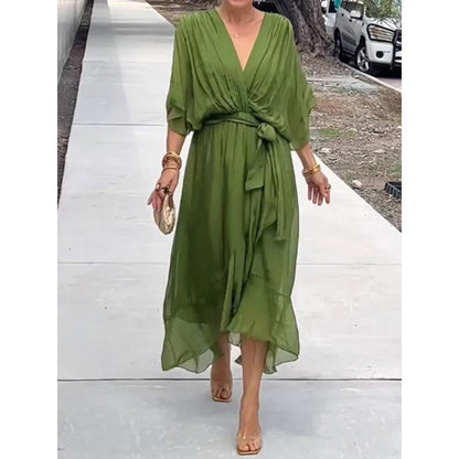 Solid Color Batwing Sleeve Irregular Dress