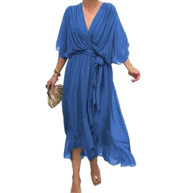 Solid Color Batwing Sleeve Irregular Dress