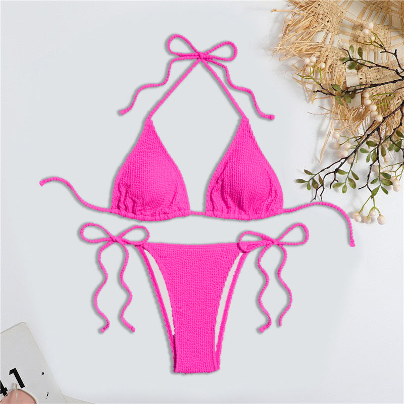 Solid Color Bubble Fabric Bikini Swimsuit