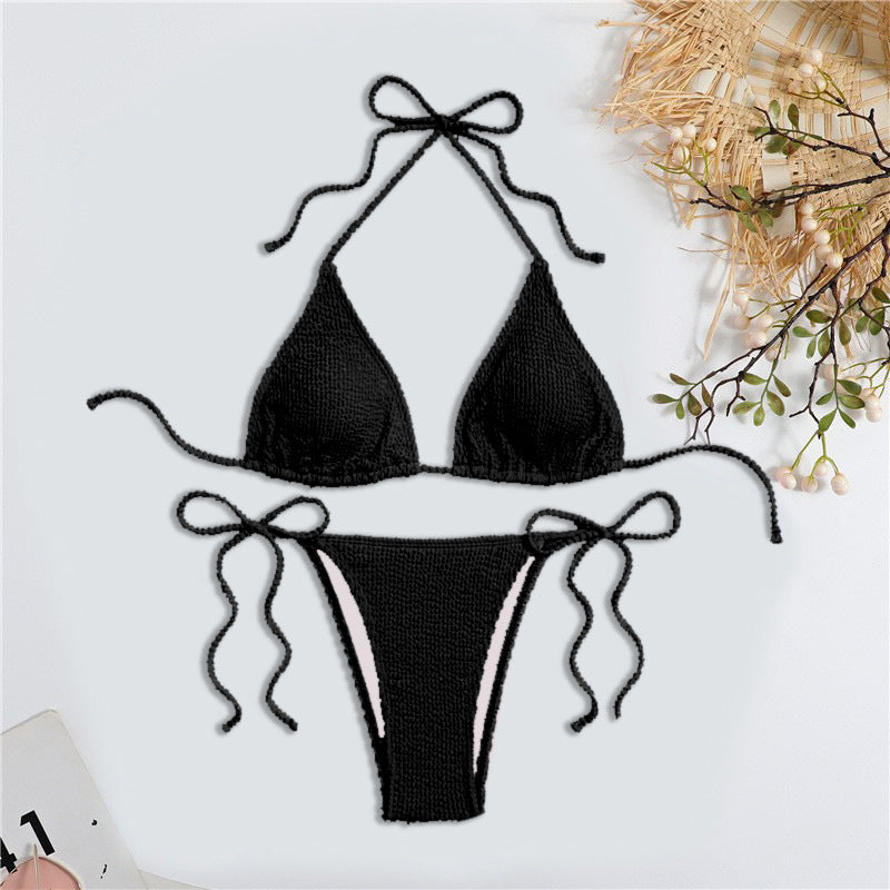 Solid Color Bubble Fabric Bikini Swimsuit