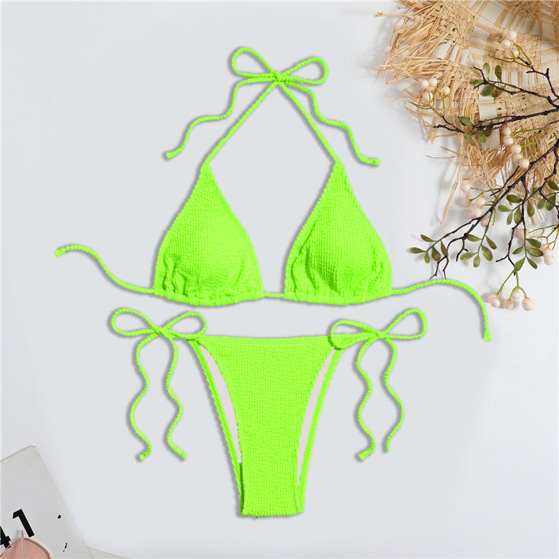 Solid Color Bubble Fabric Bikini Swimsuit