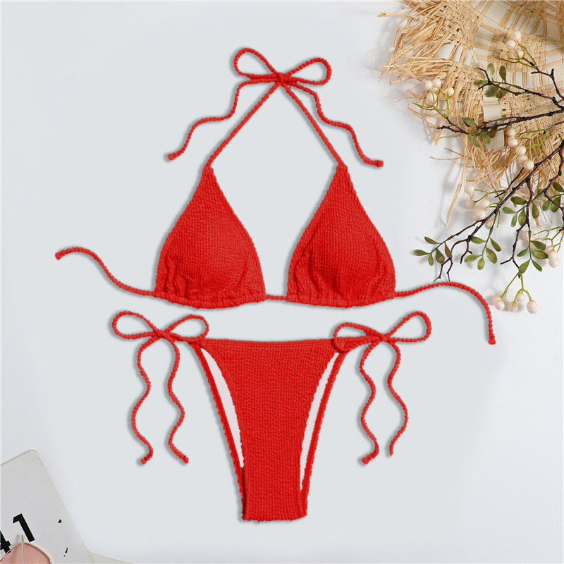 Solid Color Bubble Fabric Bikini Swimsuit
