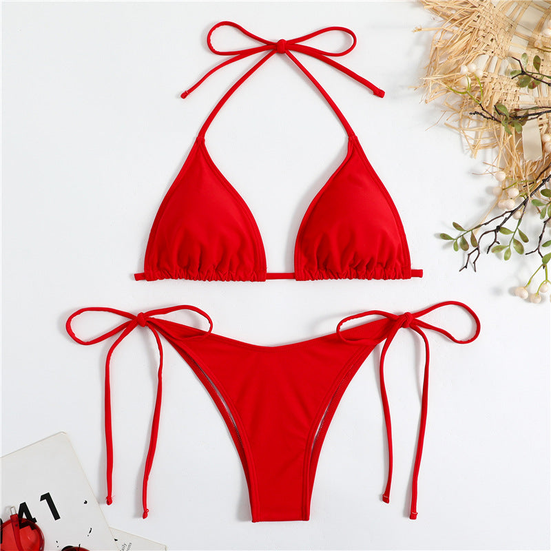 Solid Color Bubble Fabric Bikini Swimsuit