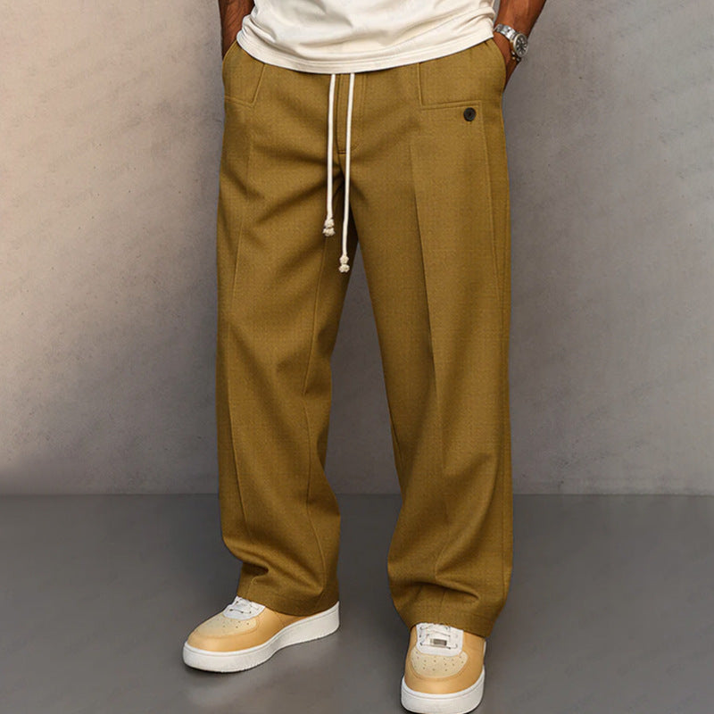 Solid-color button-down straight-leg casual pants