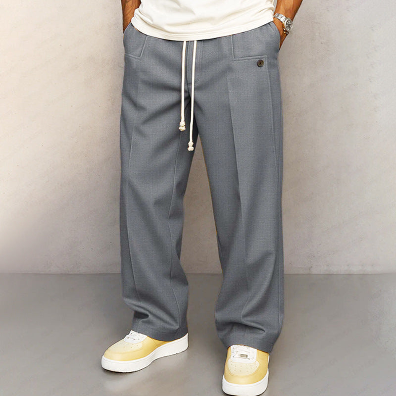 Solid-color button-down straight-leg casual pants