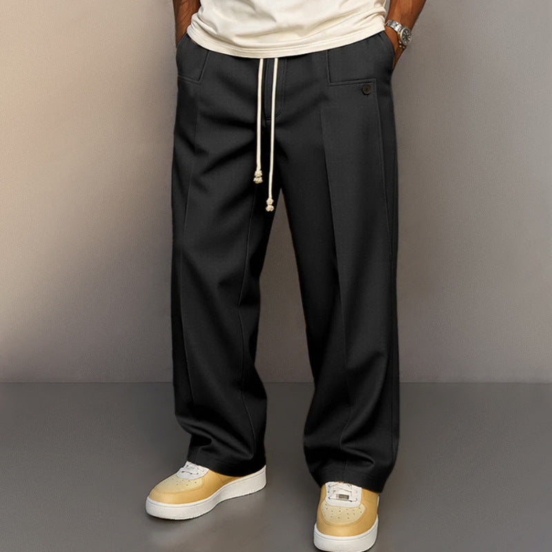 Solid-color button-down straight-leg casual pants