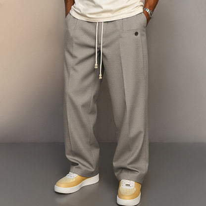 Solid-color button-down straight-leg casual pants
