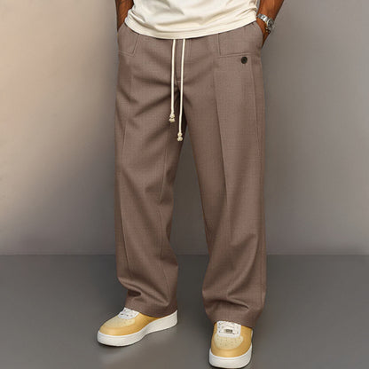 Solid-color button-down straight-leg casual pants