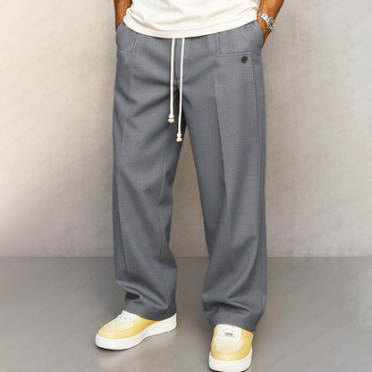 Solid-color button-down straight-leg casual pants