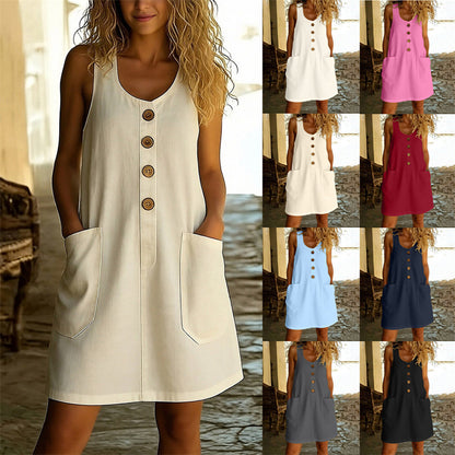 Solid Color Button U-Neck Sleeveless Cotton Linen Dress