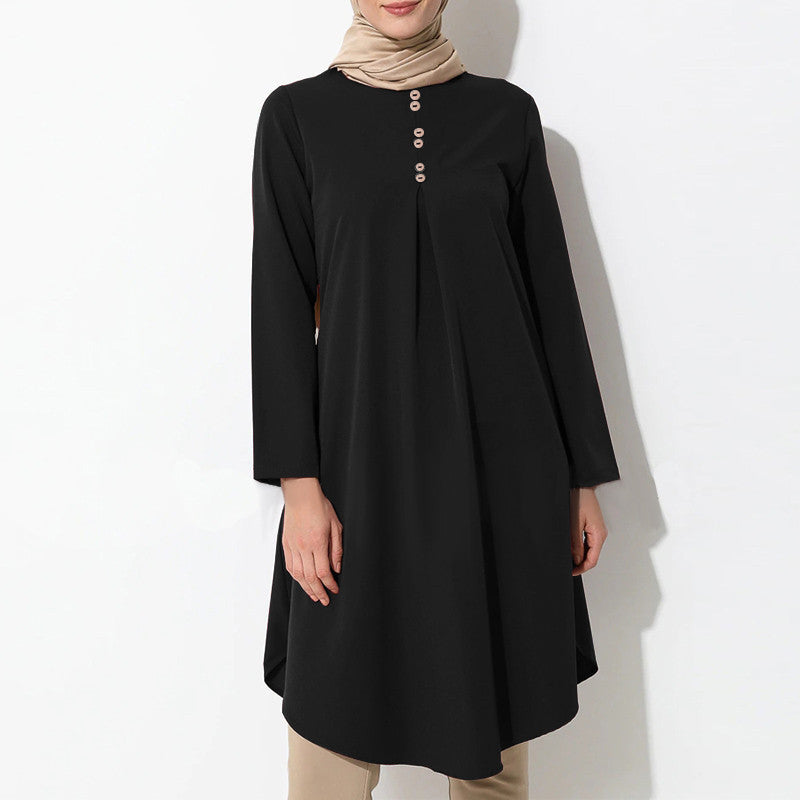 Solid-color buttoned patchwork maxi dress