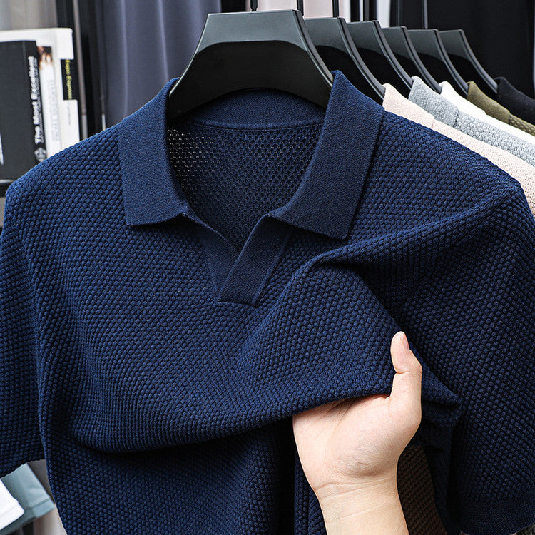 Solid-color collarless short-sleeved shirt
