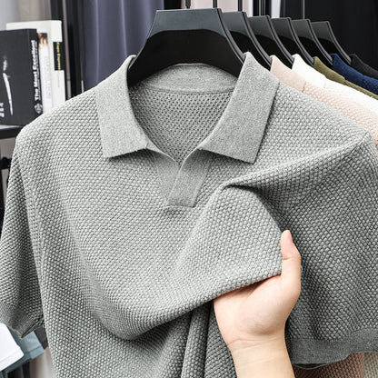 Solid-color collarless short-sleeved shirt