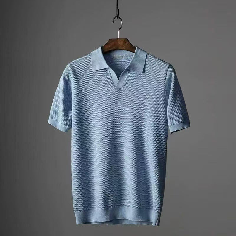 Solid-color collarless short-sleeved shirt