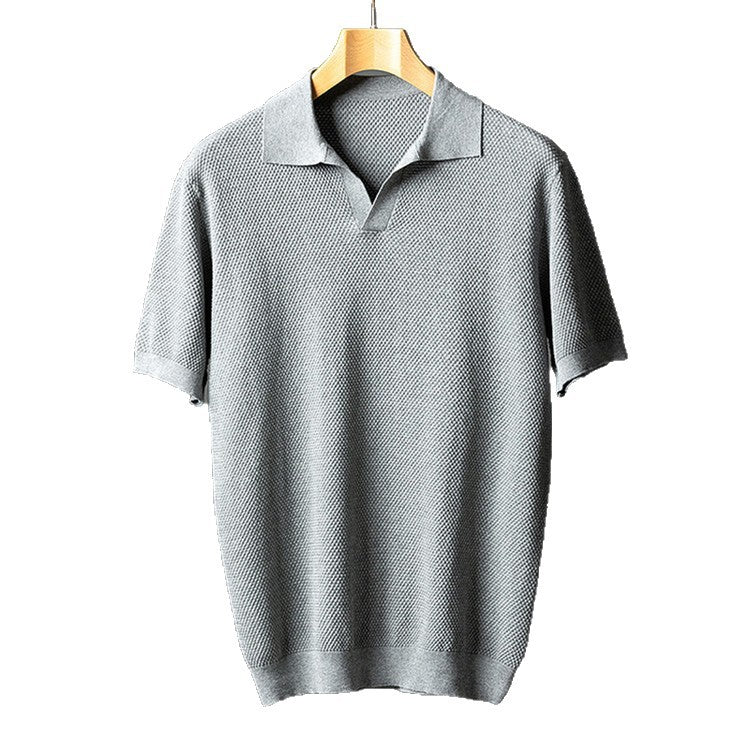 Solid-color collarless short-sleeved shirt