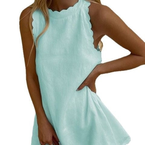 Solid Color Cotton and Linen Short Mini Round Neck Sleeveless Dress