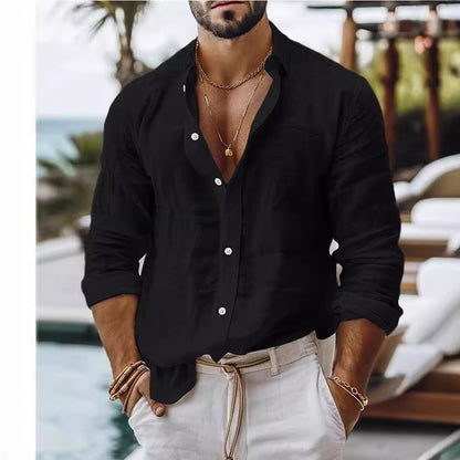 Solid-color cotton-linen shirt