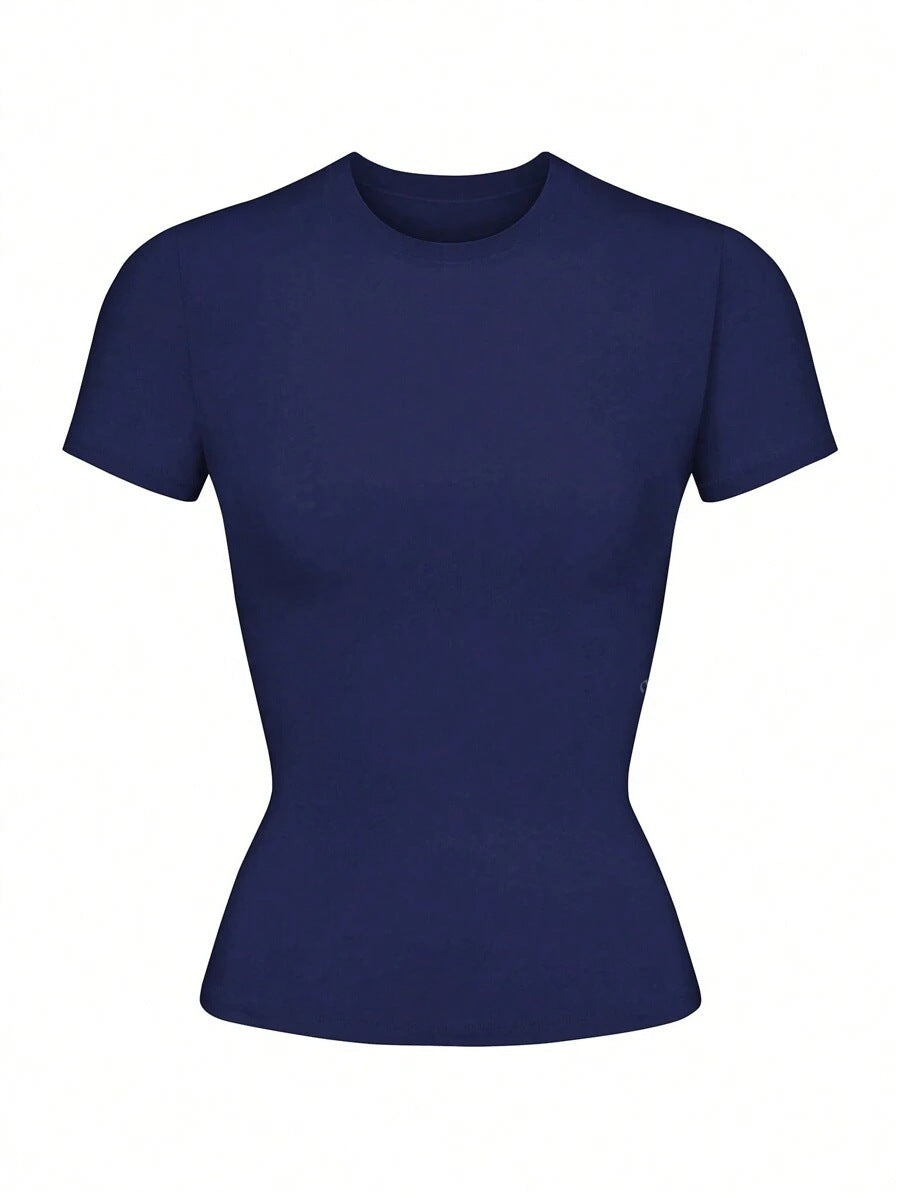 Solid-color crew-neck basic short-sleeve top