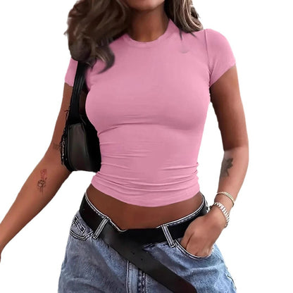 Solid-color crew-neck basic short-sleeve top
