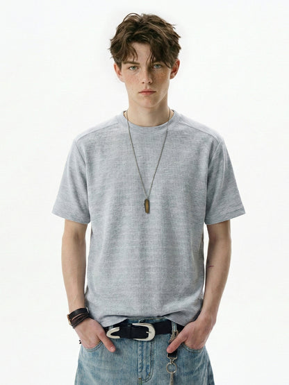 Solid-color crew-neck knitted short-sleeve T-shirt