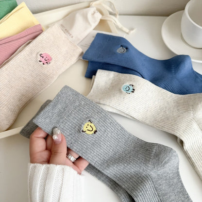 Solid Color Cute Funny Expression Double Needle Embroidered Women's Mid-tube Socks Vertical Combed Cotton Simple Breathable Sweat-absorbent Stockings