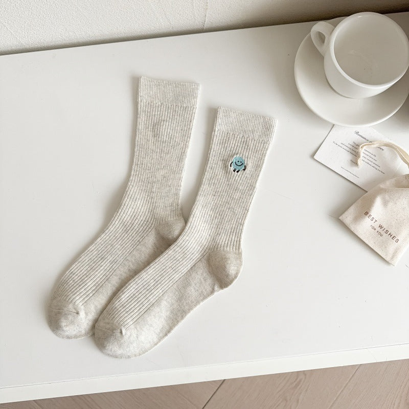 Solid Color Cute Funny Expression Double Needle Embroidered Women's Mid-tube Socks Vertical Combed Cotton Simple Breathable Sweat-absorbent Stockings
