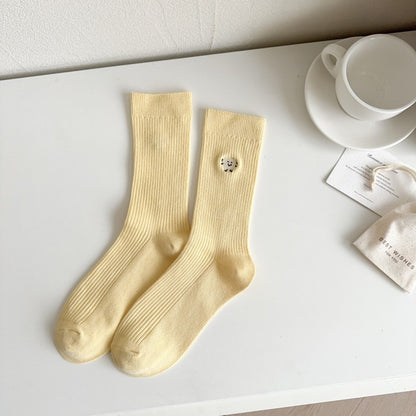 Solid Color Cute Funny Expression Double Needle Embroidered Women's Mid-tube Socks Vertical Combed Cotton Simple Breathable Sweat-absorbent Stockings