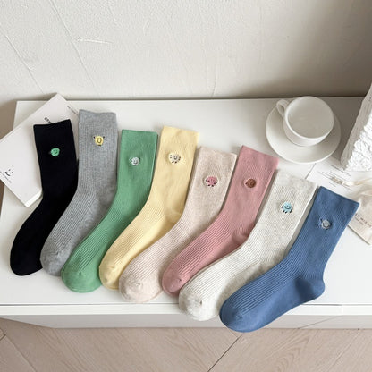 Solid Color Cute Funny Expression Double Needle Embroidered Women's Mid-tube Socks Vertical Combed Cotton Simple Breathable Sweat-absorbent Stockings