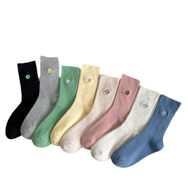 Solid Color Cute Funny Expression Double Needle Embroidered Women's Mid-tube Socks Vertical Combed Cotton Simple Breathable Sweat-absorbent Stockings