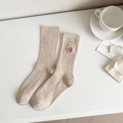 Solid Color Cute Funny Expression Double Needle Embroidered Women's Mid-tube Socks Vertical Combed Cotton Simple Breathable Sweat-absorbent Stockings